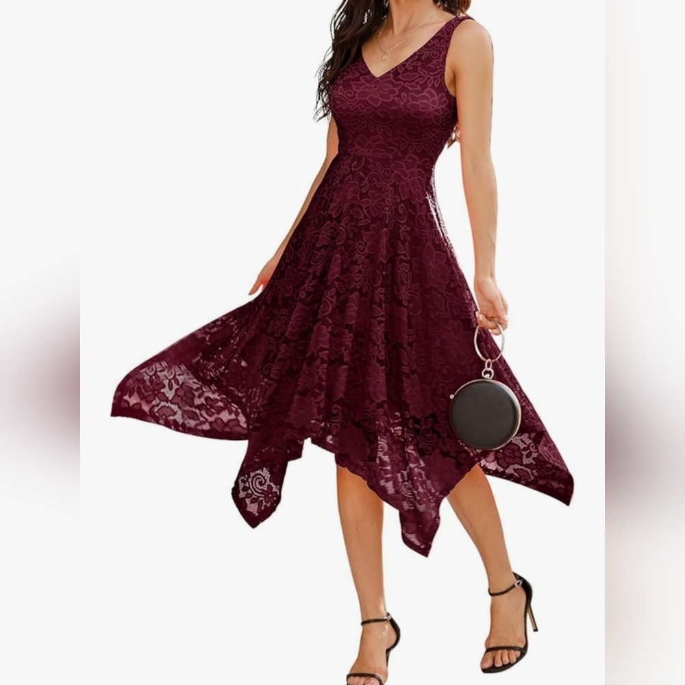 S, Meetjen Women's Lace Cocktail Party Dress, Handkerchief Hem, Burgundy, Prom